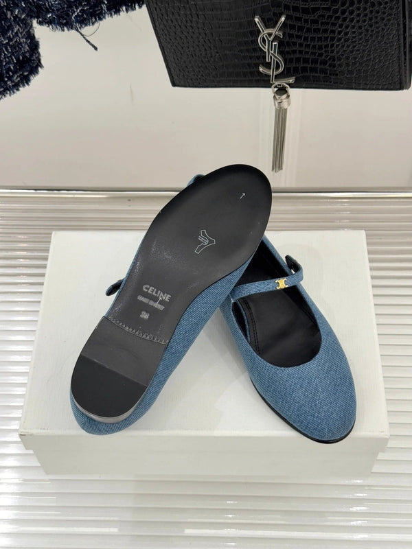 CL 26 Mary-Jane Ballet Flats Blue Fabric Leather 755871