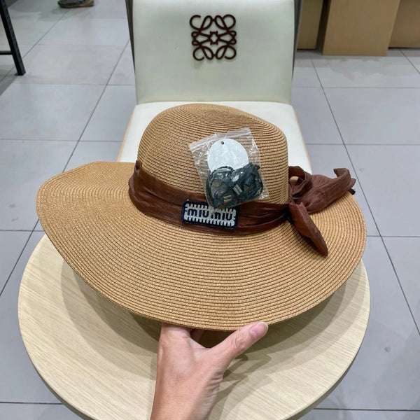 MM WIDE-BRIM BEACH HAT IN BEIGE WITH FABRIC BOW