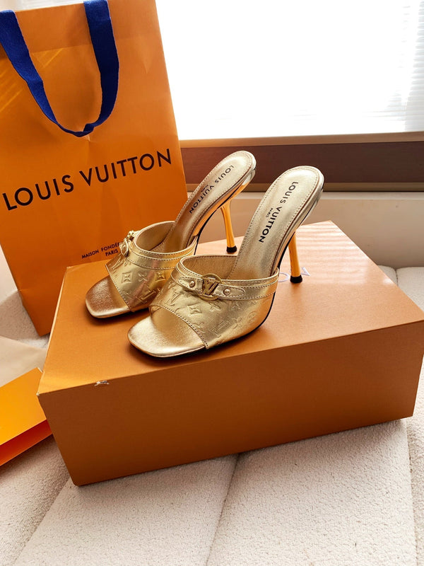 LV 26s High Heels 95 Slippers Gold Metallic Sheepskin 614989