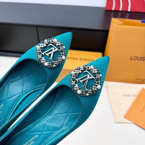 LV 26s Pointed-Toe High Heels 75 Teal Blue Premium Satin 622438