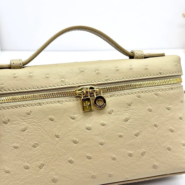 LP Extra Bag 19cm Ostrich Pattern Beige Gold Buckle Calfskin