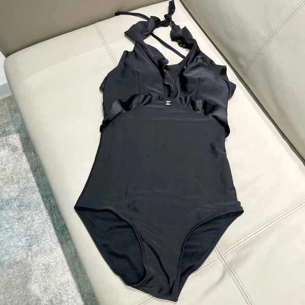 CC BIKINI SWIMSUIT SET BLACK AND RUFFLED TRIM 622180