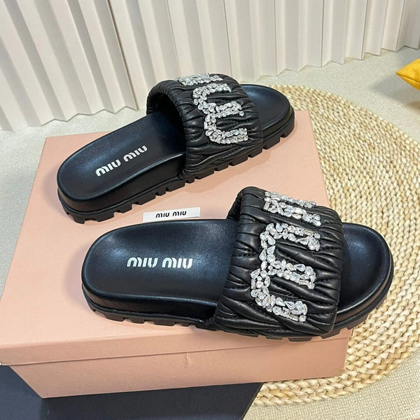 Black Sheepskin Diamond Slippers