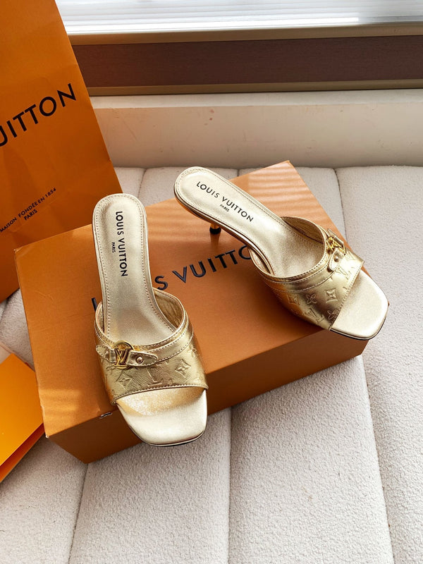LV 26s High Heels 55 Slippers Gold Metallic Sheepskin 614984