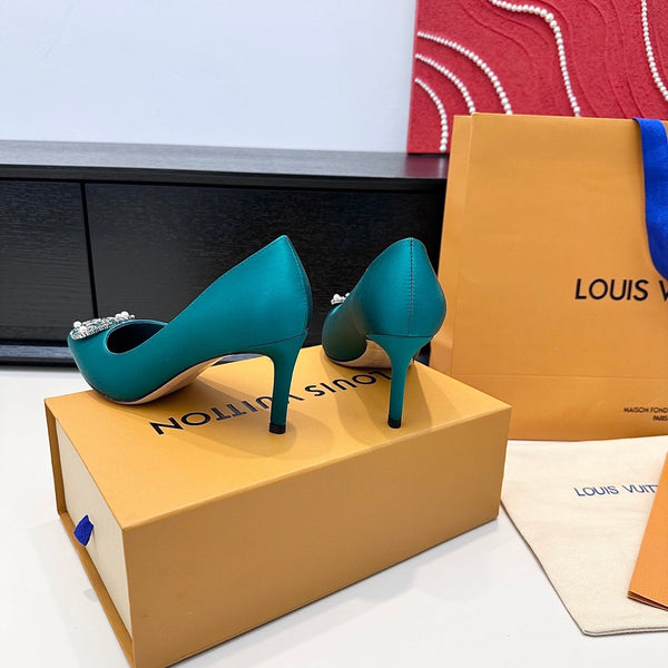 LV 26s Pointed-Toe High Heels 75 Teal Blue Premium Satin 622438