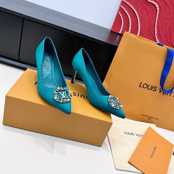 LV 26s Pointed-Toe High Heels 75 Teal Blue Premium Satin 622438