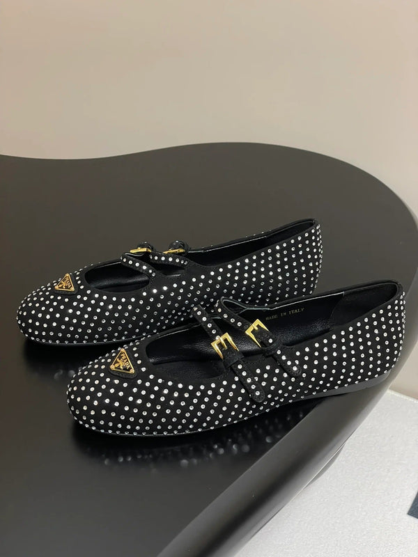 Prada 2025 Triangle Logo Rhinestone Ballet Flat Black Suede Sheepskin 247822