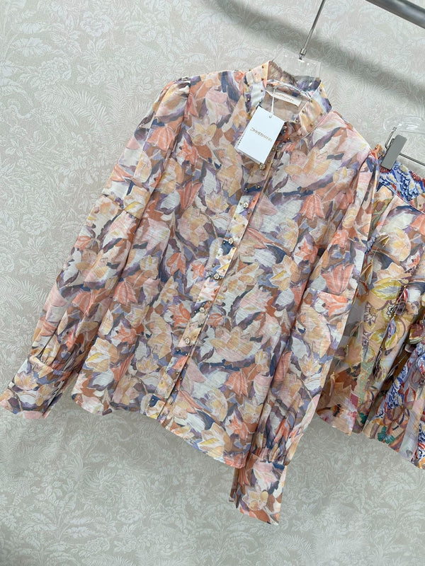 ZIMMER STAND-COLLAR PRINTED STUDDED TOP AND HIGH-WAIST FLARED SKIRT SET