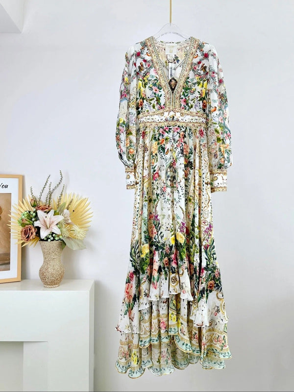 V-NECK LAYERED SILK PRINT MAXI DRESS