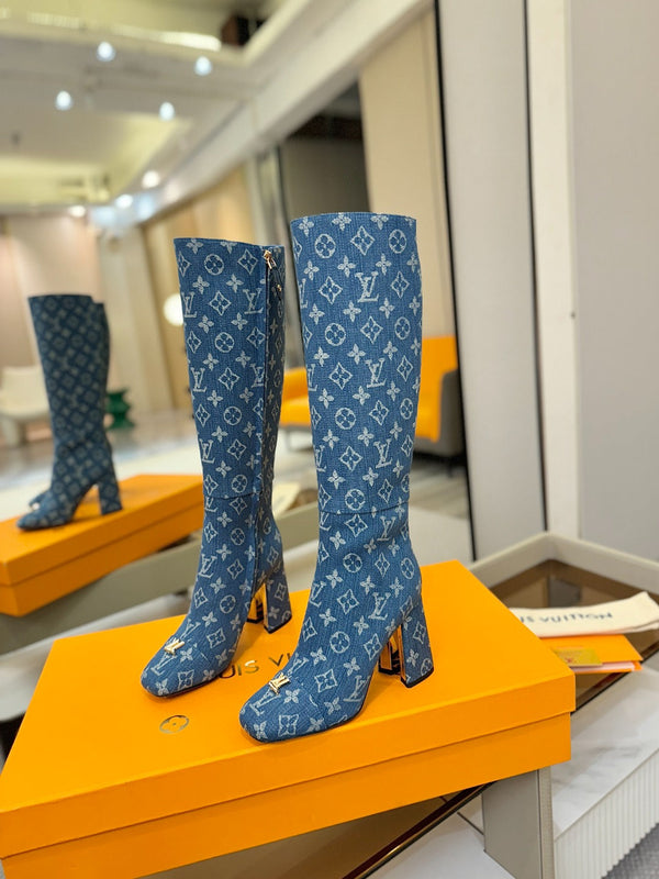 LV High Boots 85 Monogram Blue Denim 573735