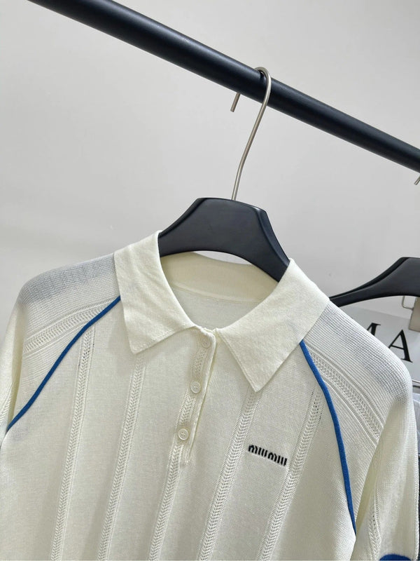 MIUMIU SHORT-SLEEVE RAGLAN POLO SHIRT IN BLUE AND WHITE 267966
