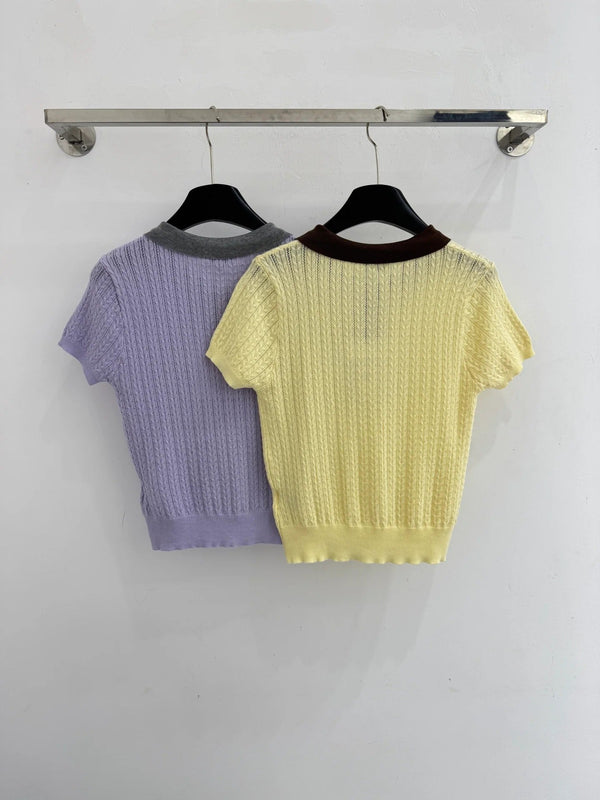 Chanel 2026 Polo Collar Short-sleeved Top Yellow and Purple Wool Polyester