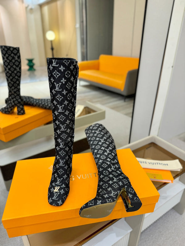 LV High Boots 85 Monogram Black Denim 573734
