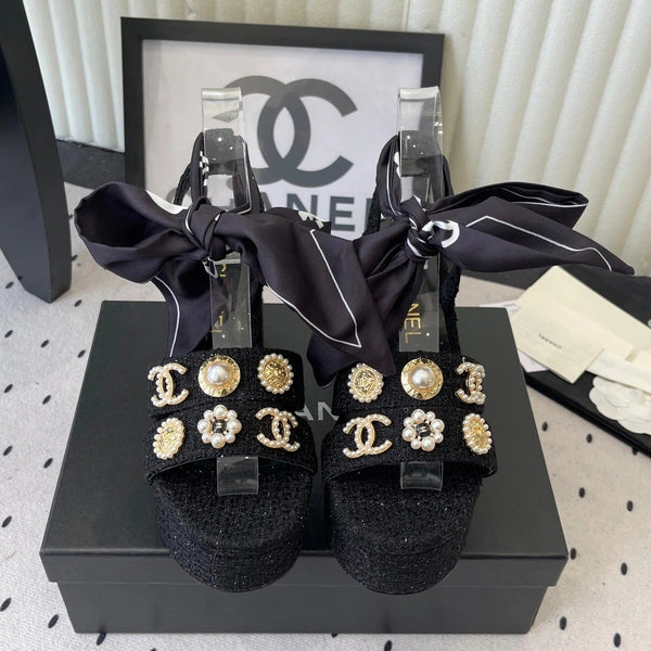 CC 26s Platform Sandals 75 Black Tweed Mixed Gold Charm 650088