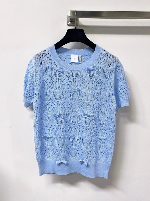CD 2026 Openwork Lace Knit Short-Sleeve Top Bow Details 479896