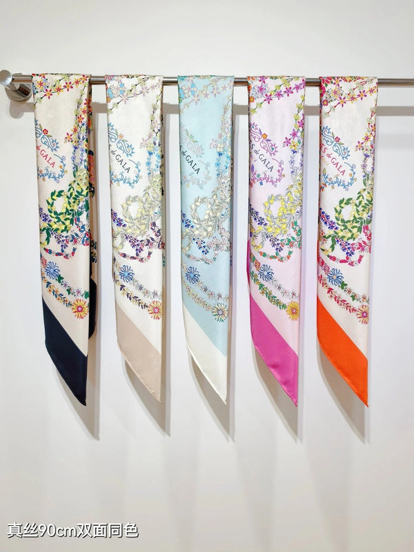 HM 26s 90 Double Sided Scarf White Orange Colorful Mulberry Silk 145756