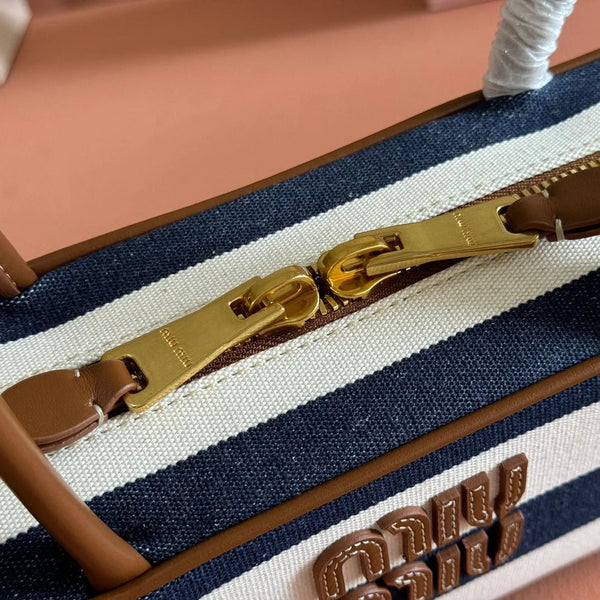 BEAU BAG 28 BLUE AND BEIGE STRIPES IN CANVAS AND CALFSKIN