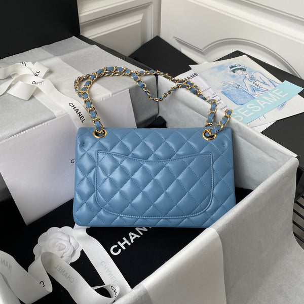 Medium Classic Flap Bag 23cm Blue Lambskin Gold Hardware